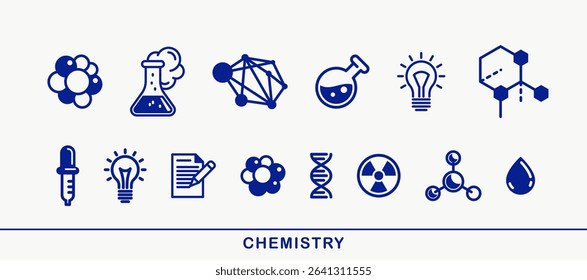 Chemistry vector detailed icons set, science theme, laboratory flasks and microscopic molecules, pharmacology and biochemistry.