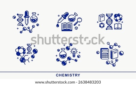 Chemistry vector detailed icons set, science theme, laboratory flasks and microscopic molecules, pharmacology and biochemistry.