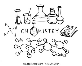 Chemistry. Vector doodle set. Hand drawn cartoon background of Science theme. 