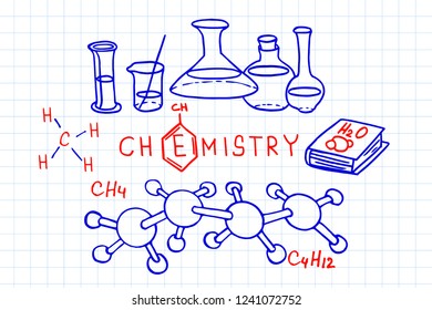 Chemistry. Vector doodle set. Hand drawn cartoon background of Science theme от workbook page.