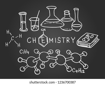 Chemistry. Vector doodle set on chalkboard. Hand drawn cartoon background of Science theme. 