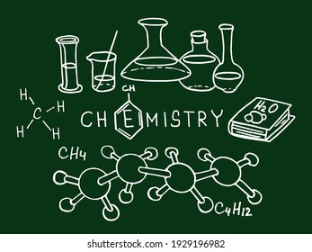 Chemistry. Vector doodle set on blackboard. Hand drawn cartoon background of Science theme. 