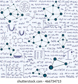Chemistry vector educational endless seamless pattern with formulas, plots and equations, handwritten on a grid copybook paper