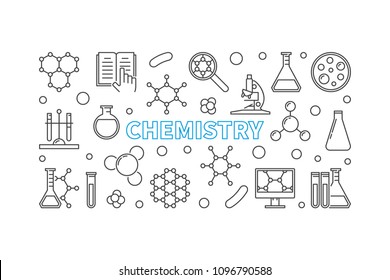 Chemistry vector horizontal banner. Education and science concept illustration in thin line style