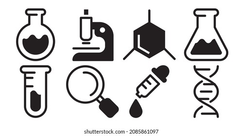 Chemistry vector icon set. Black isolated laboratory science icons. such as bottle, microscope, molecule, magnifier, etc, Best used for banner, flayer, web or application. Editable stroke. EPS 10