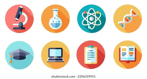 Conjunto de iconos vectoriales de química. Cadena de adn, microscopio y símbolos átomos.