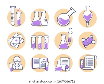 Vektorillustration der Chemie-Ikone gesetzt. Arbeiten im Labor. Chemieforschung. 