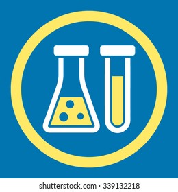 Chemistry vector icon. Style is bicolor flat rounded symbol, yellow and white colors, rounded angles, blue background.