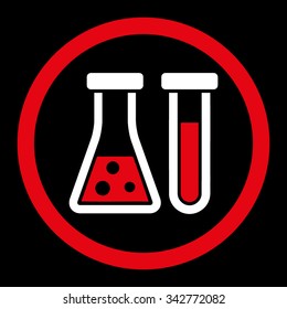 Chemistry vector icon. Style is bicolor flat rounded symbol, red and white colors, rounded angles, black background.