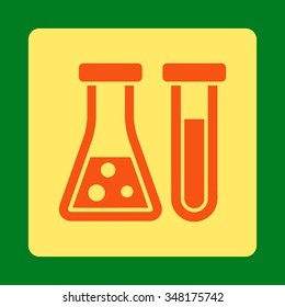 Chemistry vector icon. Style is flat rounded square button, orange and yellow colors, green background.
