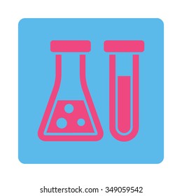 Chemistry vector icon. Style is flat rounded square button, pink and blue colors, white background.