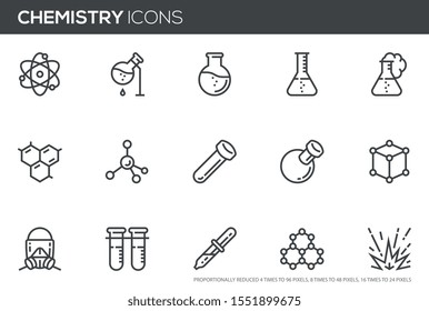 Chemistry Vector Line Icons Set. laboratory, Flask, Experiment, Research, Scientific Equipment. Perfect pixel icons, such can be scaled to 24, 48, 96 pixels.