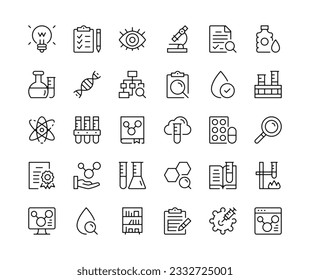 Química. Iconos de línea del vector establecidos. Laboratorio químico, ciencia, educación, experimento científico, frascos y tubos de ensayo, conceptos de laboratorio químico. Símbolos de trazo de contorno negro