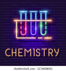 Banner de neón vector de química. Signo de brillo del tubo de ensayo