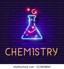 Banner de neón vector de química. Signo de brillo del tubo de ensayo