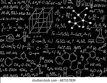 Chemistry vector seamless pattern with formulas of chemical combinations, "handwritten with chalk on blackboard"