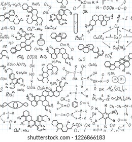 Chemistry vector seamless pattern with handwritten chemical formulas