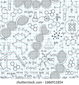 Chemistry vector seamless pattern with handwritten chemical formulas on grid sheet of paper