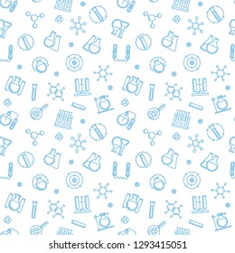 Chemistry vector seamless pattern with outline chemical blue icons