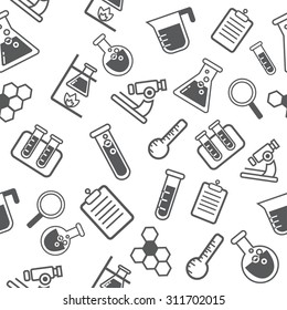 chemistry vector seamless pattern. Vector chemistry texture. Science seamless pattern. Test tube, experiments, science, magnifier, microscope, atoms. 