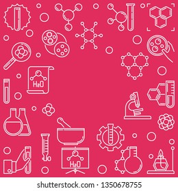 Chemistry vector square illustration with round frame in thin line style on red background