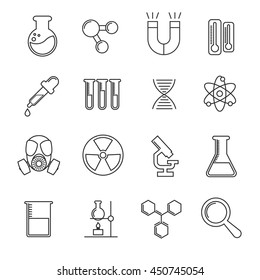 Chemistry vector thin line icons set. Science chemistry illustration and microscope with flask for study chemistry