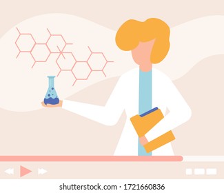 Tutorial de vídeo sobre química en Internet, experimento químico ilustración vectorial. Estudiar ciencia en línea, los científicos sostienen frascos con reactivo. Video blog de investigación científica, educación en línea.