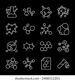 Chemistry, white line icons. Structures of chemical molecules and abstract shapes. Perfect for scientific and educational themes. Symbols on black background. Editable stroke.