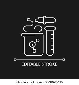 Chemistry white linear icon for dark theme. Chemical reaction in beaker. Test tube, pipette, flask. Thin line customizable illustration. Isolated vector contour symbol for night mode. Editable stroke