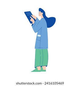 Chemistry with Woman Scientist Character Standing with Tablet Vector Illustration