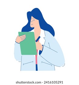 Chemistry with Woman Scientist Character Write Something in Clipboard Vector Illustration