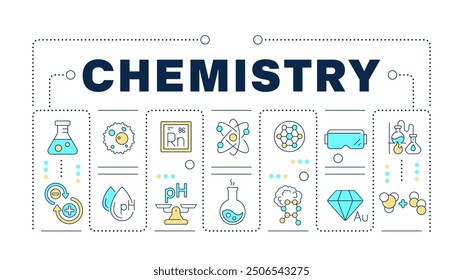 Chemistry word concept on white. School subject. Laboratory equipment. Chemical bond and reaction. Creative illustration banner surrounded by editable line colorful icons