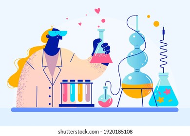 Chemistry worker, woman scientist concept. Female in uniform working as experimental physician or chemistry worker in laboratory with flasks and liquids vector illustration