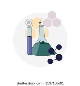 Chemistry.Education and science concept. Chemistry lab and science equipment. Pharmacy and chemistry theme. Test glass flask with solution in research laboratory.