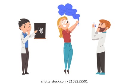 Chemistas que realizan experimentos en el conjunto de laboratorios científicos cartografía ilustrativa vectorial