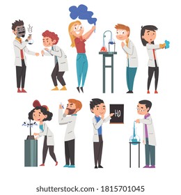 Chemists Doing Experiments Set, Scientist or Student Characters in Lab Coat Working at Medical or Researching Laboratory Cartoon Style Vector Illustration