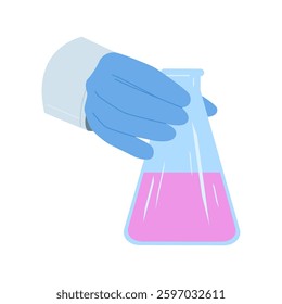 A chemist's hand holds a flask with pink liquid, symbolizing scientific research and experimentation.