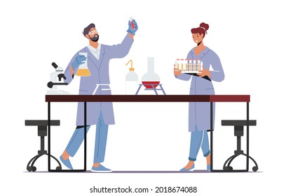 Chemists Invent Medicine or Vaccine. Scientists Conducting Research or Experiment in Scientific Laboratory. Chemistry Science Staff at Work, Technician Hold Test Tube. Cartoon Vector Illustration