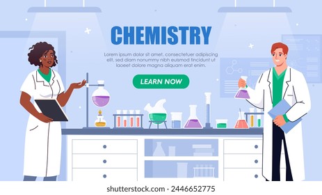 Chemists in lab poster. Man and woman in medical unifrom with flasks with reagents. Scientific researches and experiments. Landing webpage design. Cartoon flat vector illustration