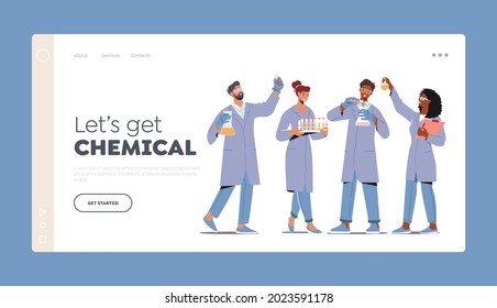 Chemists Landing Page Template Set. Chemistry Staff Work, Scientific Technicians Conduct Research or Experiment in Scientific Laboratory. People in Lab Coats Holding Tubes. Cartoon Vector Illustration