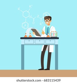 Chemists scientist testing chemical elements, interior of science laboratory, vector Illustration