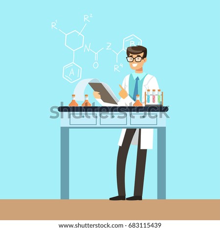 Chemists scientist testing chemical elements, interior of science laboratory, vector Illustration