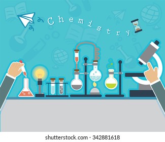 Chemists scientists equipment. flat design workspace concept. Chemistry and physics biology infographic icons. Laboratory lab with microscope, alembic vial hourglass dropper, vector illustration
