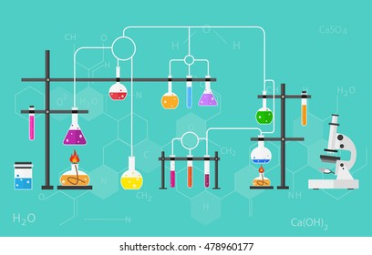 Chemists scientists equipment. flat design workspace concept. Chemistry and physics biology infographic icons. Laboratory lab with alembic vial hourglass dropper, vector illustration