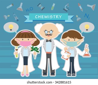 Chemists scientists professor teaching at work. Teacher kids, chidren flat design. Chemistry, physics biology infographic. Laboratory lab microscope, alembic vial hourglass dropper vector illustration