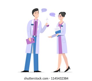 Chemists talking vector illustration of man scientist with vial beaker in hand speaking to woman professor on research. People profession in chemistry, biotechnology and chemical research science