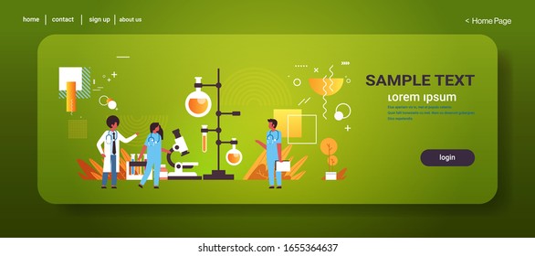 chemists using microscope coronavirus biological sample for analysis in laboratory epidemic MERS-CoV wuhan 2019-nCoV pandemic medical health risk copy space full length horizontal vector illustration