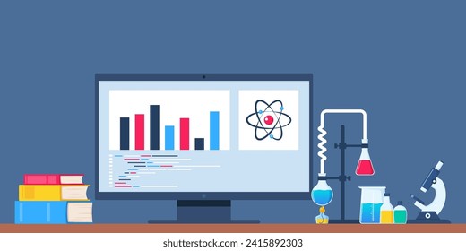 Chemist's workplace with a computer, books, and laboratory equipment. Research and exploration. Computer, lab glassware with substance. Research, testing, studies in chemistry. Vector illustration