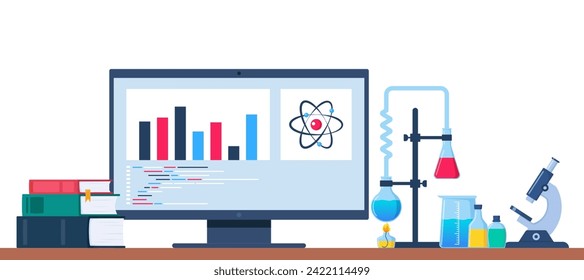 Chemist's workplace with a computer, books, and laboratory equipment. Research and exploration. Computer, lab glassware with substance. Research, testing, studies in chemistry. Vector illustration