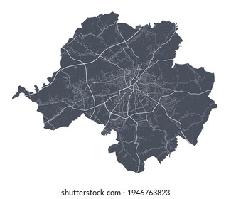 Mapa de Chemnitz. Mapa vectorial detallado del área administrativa de la ciudad de Chemnitz. Vista de la aria metropolitana de Cityscape poster. Tierra oscura con calles blancas, caminos y avenidas. Fondo blanco.